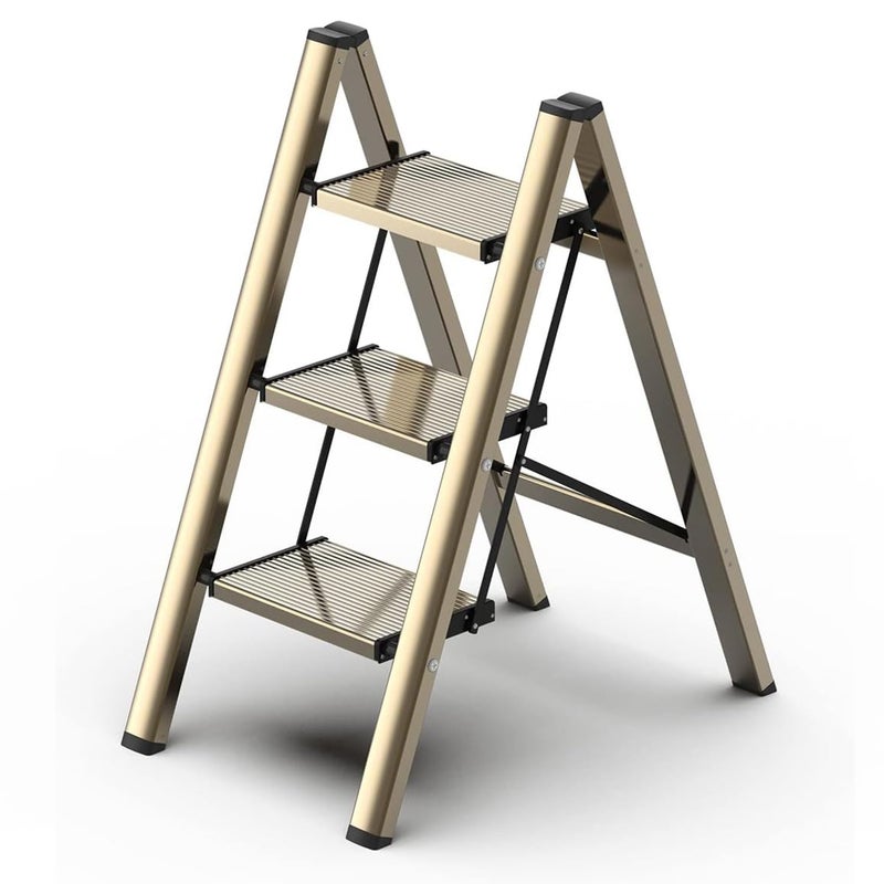GameGem 3 Step Ladder, Folding Step Stool with Wider Pedal, Anti-Slip Feet & Non Slip Stripes, Aluminum Sturdy Material, 300Lbs Capacity, Elegant Look of Champagne Gold Better Matches Your Home - Image 1