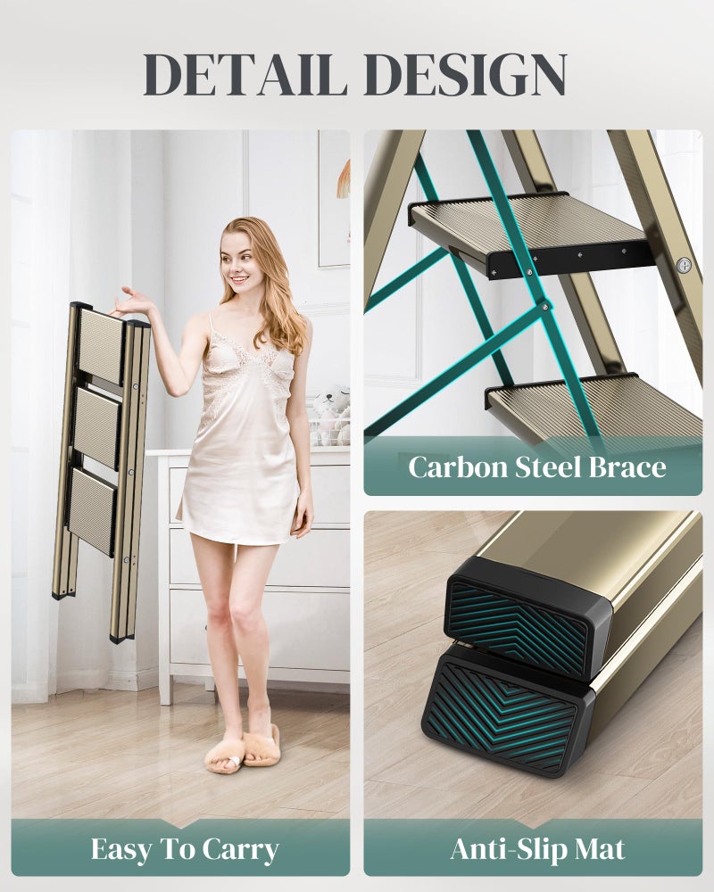 GameGem 3 Step Ladder, Folding Step Stool with Wider Pedal, Anti-Slip Feet & Non Slip Stripes, Aluminum Sturdy Material, 300Lbs Capacity, Elegant Look of Champagne Gold Better Matches Your Home - Image 3