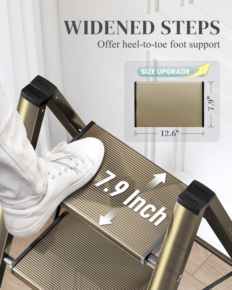 GameGem 3 Step Ladder, Folding Step Stool with Wider Pedal, Anti-Slip Feet & Non Slip Stripes, Aluminum Sturdy Material, 300Lbs Capacity, Elegant Look of Champagne Gold Better Matches Your Home - Image 4