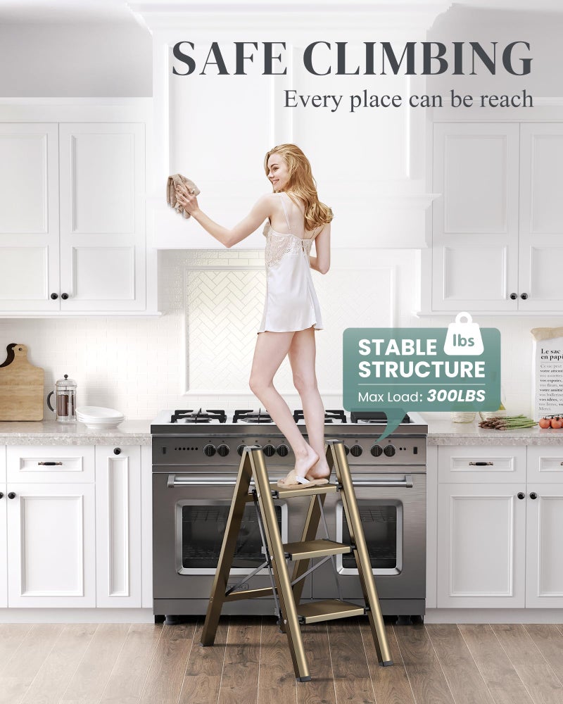 GameGem 3 Step Ladder, Folding Step Stool with Wider Pedal, Anti-Slip Feet & Non Slip Stripes, Aluminum Sturdy Material, 300Lbs Capacity, Elegant Look of Champagne Gold Better Matches Your Home - Image 5