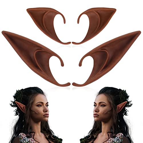 FRESHME Renaissance 2 Pairs Brown Pixie Elf Ears - Silicone Short and Long Fairy Ears Set Brown Skin for Women Cosplay Anime Vampire Elven Christmas Halloween Masqerade Costume Accessories - Image 1