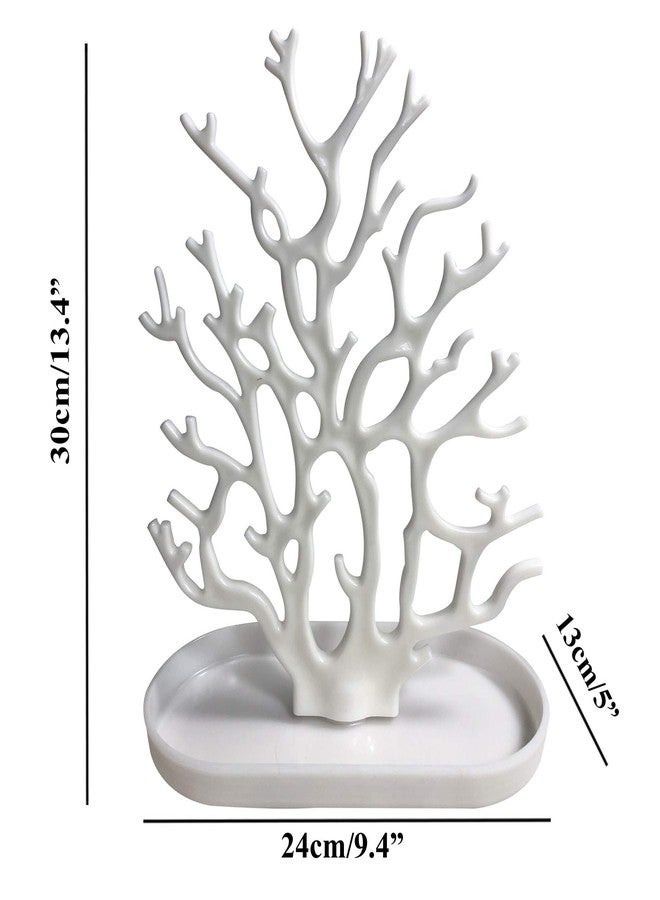 NewFerU Coral Tree Jewelry Hanging Stand Display Table Top Necklace Bracelet Holder Earring Hanger Organizer Rack Tower with a Ring Watch Dish Tray for Women Girls (White) - Image 2