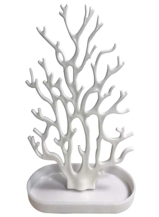 NewFerU Coral Tree Jewelry Hanging Stand Display Table Top Necklace Bracelet Holder Earring Hanger Organizer Rack Tower with a Ring Watch Dish Tray for Women Girls (White) - Image 1