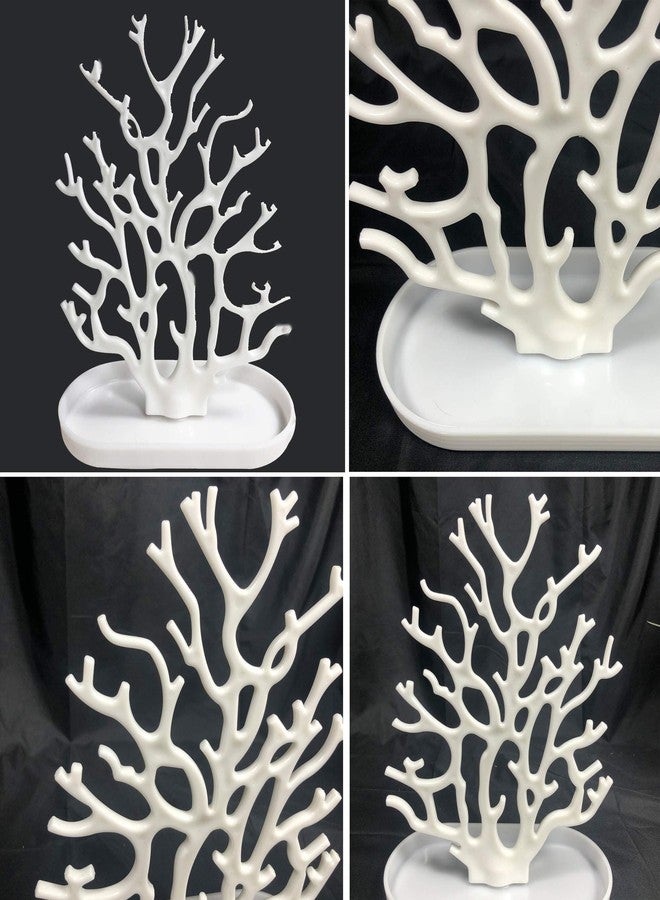 NewFerU Coral Tree Jewelry Hanging Stand Display Table Top Necklace Bracelet Holder Earring Hanger Organizer Rack Tower with a Ring Watch Dish Tray for Women Girls (White) - Image 3