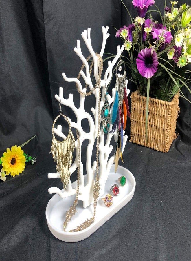 NewFerU Coral Tree Jewelry Hanging Stand Display Table Top Necklace Bracelet Holder Earring Hanger Organizer Rack Tower with a Ring Watch Dish Tray for Women Girls (White) - Image 5
