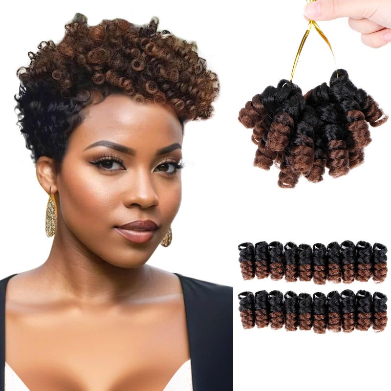 QUEENTAS Short Crochet Hair for Black Women 3 Packs 10inch Brown Jamaican Bounce Curly Crochet Synthetic Hair Extensions 6MM Small Curl Braids Prelooped Twist Wand Jerry CurlNatural BlackBrown