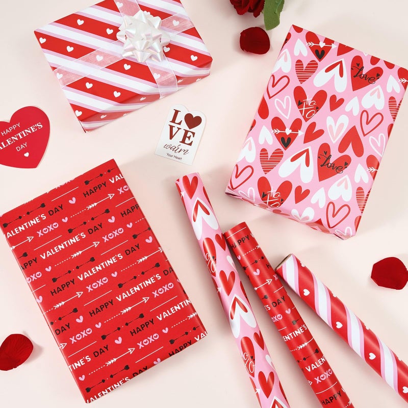 WERNNSAI Valentines Wrapping Paper Rolls - 3 Roll 17â€x 120â€ Happy Valentines Day Gift Wrap Supply Red Love Heart Stripe Design Girls Princess Style for Women Valentine Date Favor - Image 3