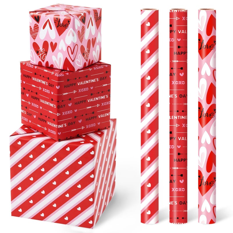 WERNNSAI Valentines Wrapping Paper Rolls - 3 Roll 17â€x 120â€ Happy Valentines Day Gift Wrap Supply Red Love Heart Stripe Design Girls Princess Style for Women Valentine Date Favor - Image 1