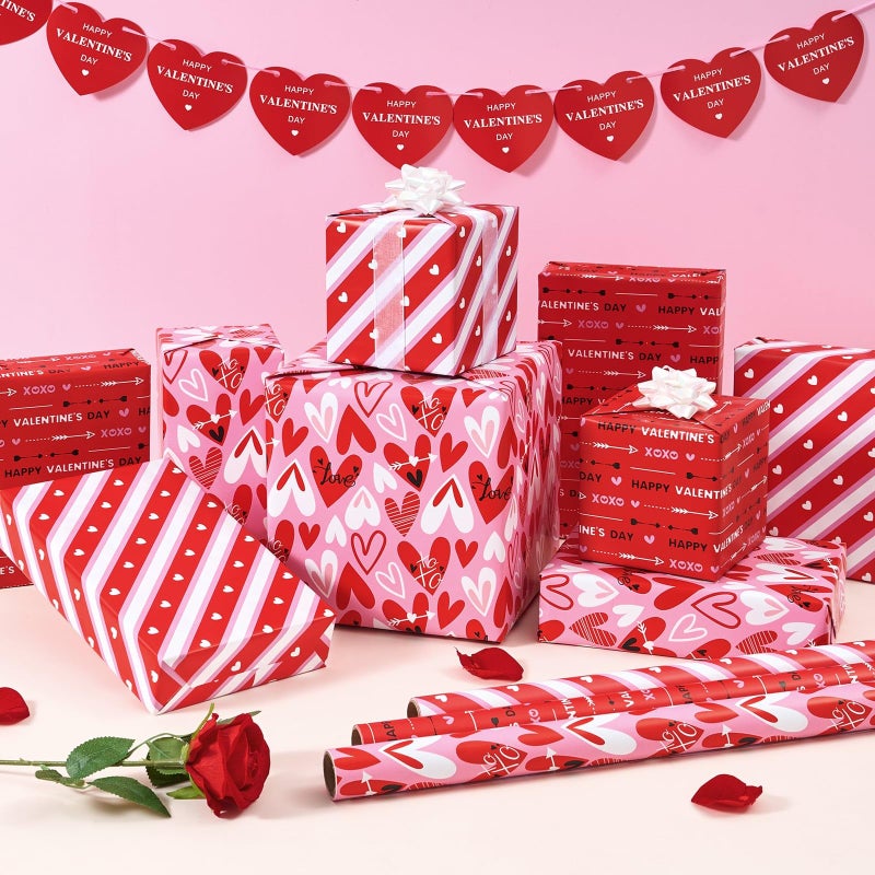 WERNNSAI Valentines Wrapping Paper Rolls - 3 Roll 17â€x 120â€ Happy Valentines Day Gift Wrap Supply Red Love Heart Stripe Design Girls Princess Style for Women Valentine Date Favor - Image 2