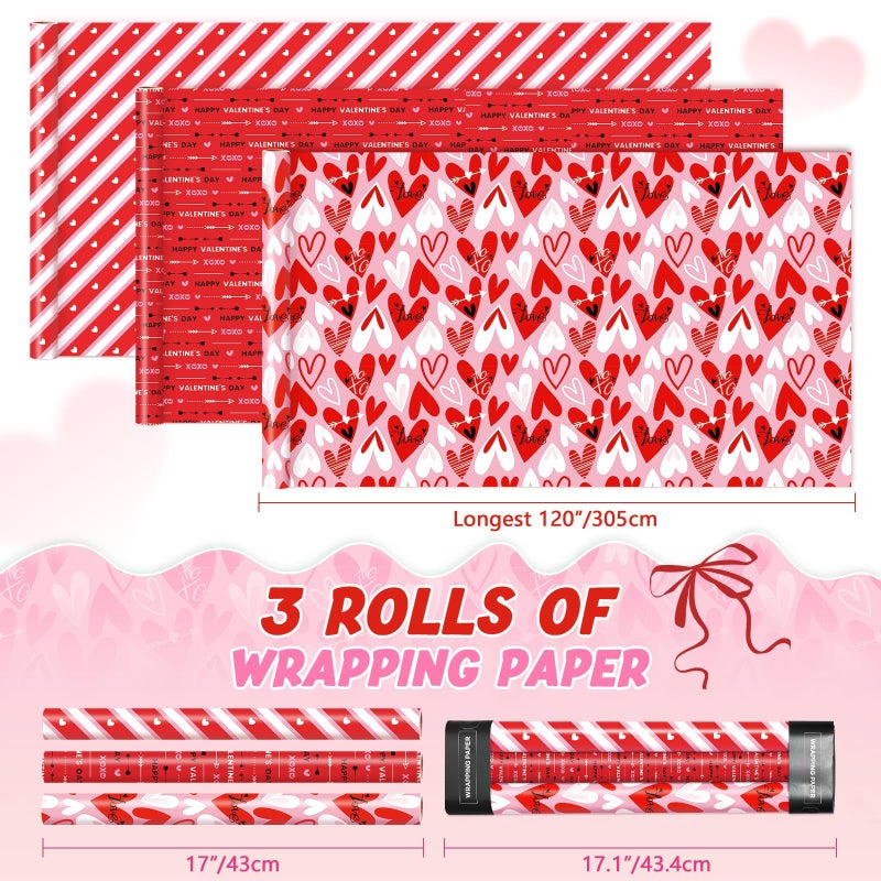 WERNNSAI Valentines Wrapping Paper Rolls - 3 Roll 17â€x 120â€ Happy Valentines Day Gift Wrap Supply Red Love Heart Stripe Design Girls Princess Style for Women Valentine Date Favor - Image 5