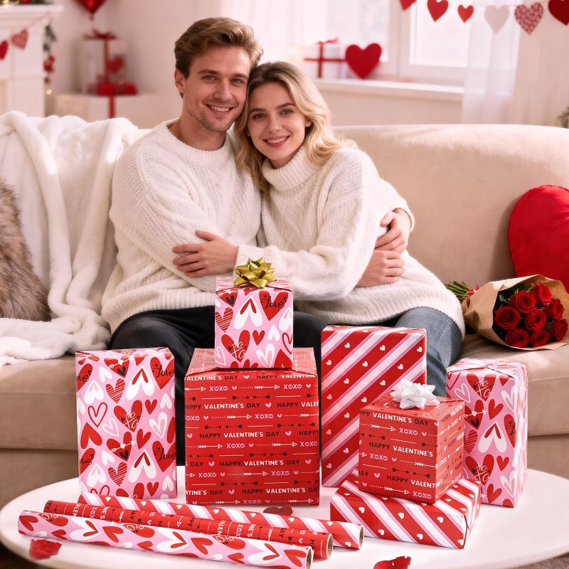 WERNNSAI Valentines Wrapping Paper Rolls - 3 Roll 17â€x 120â€ Happy Valentines Day Gift Wrap Supply Red Love Heart Stripe Design Girls Princess Style for Women Valentine Date Favor - Image 4