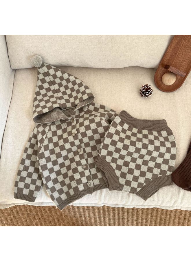 Korean-style Spring Children's Sweater Suit Boys And Girls Baby Casual Hooded Knitted Cardigan Jacket Wool Parts Shorts - Image 1
