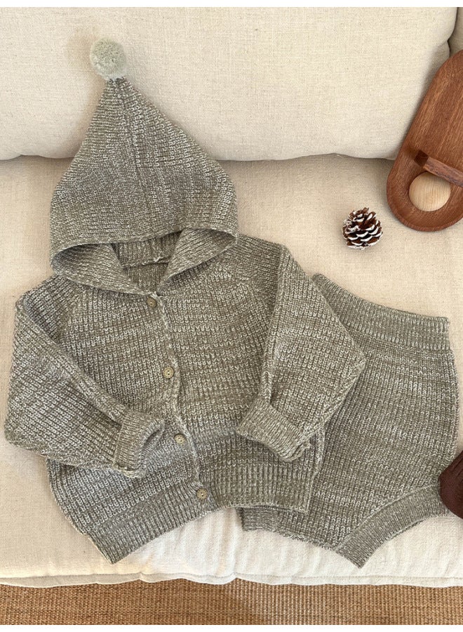 Korean-style Spring Children's Sweater Suit Boys And Girls Baby Casual Hooded Knitted Cardigan Jacket Wool Parts Shorts - Image 4