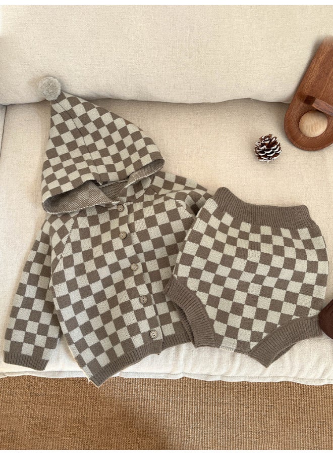 Korean-style Spring Children's Sweater Suit Boys And Girls Baby Casual Hooded Knitted Cardigan Jacket Wool Parts Shorts - Image 3
