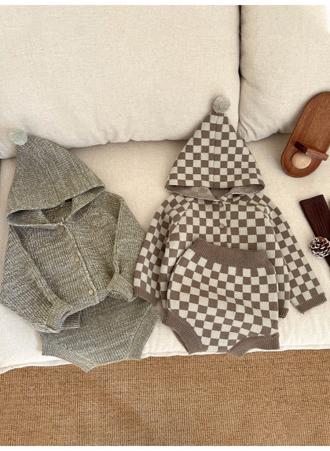 Korean-style Spring Children's Sweater Suit Boys And Girls Baby Casual Hooded Knitted Cardigan Jacket Wool Parts Shorts - Image 2