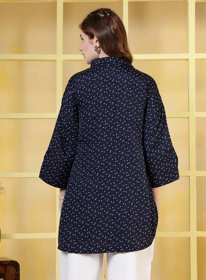 Rue Collection Women Navy Blue Polka Dot Print Top