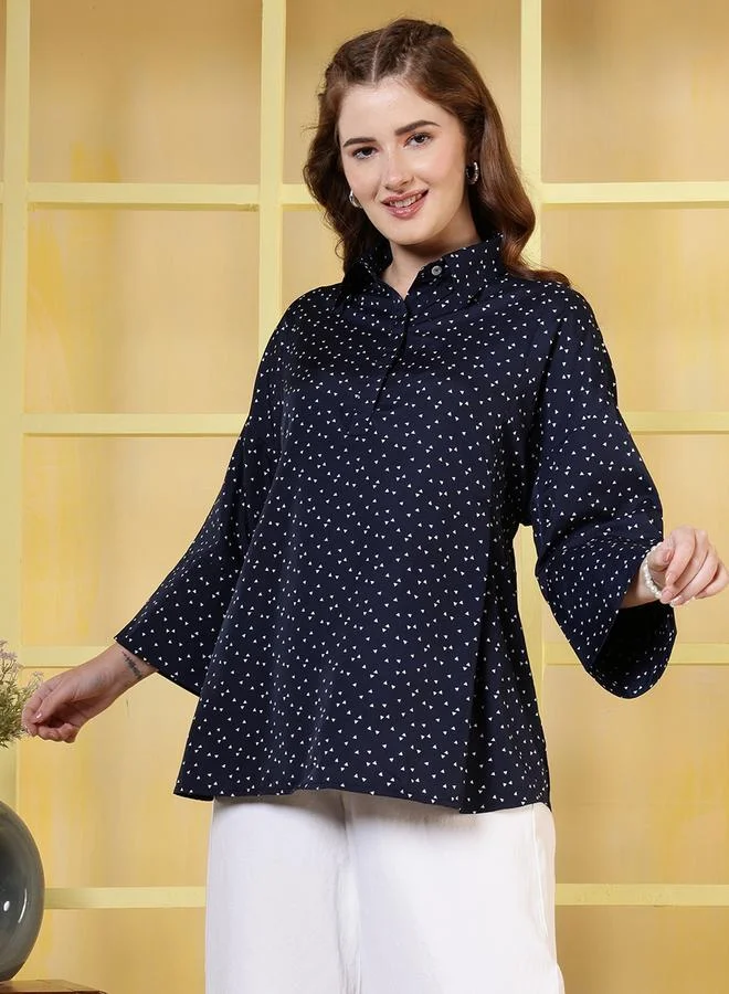 Rue Collection Women Navy Blue Polka Dot Print Top