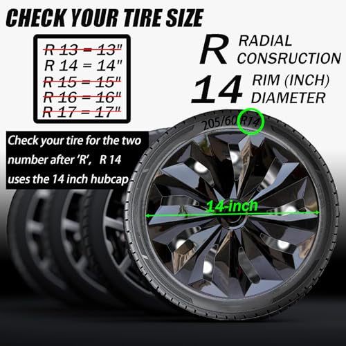 Aiqiying Hubcaps Wheel Cover Replacement Size R14 Hub Cap Universal-Fit Steel Wheels Rims Cover ABS Tire Caps for Most Car Truck Sedan SUV -Set of 4（14-inch，Black） - Image 3
