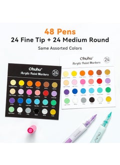 Ohuhu Ohuhu 48 PCS Acrylic Paint Pens : Double Pack of Fine Tip & Reversible Tips (Chisel & Round) 24 Colors Acrylic Markers High Opacity Paint Markers for Rock Painting Easter Egg Wood Glass Ceramic Canvas  - Image 2