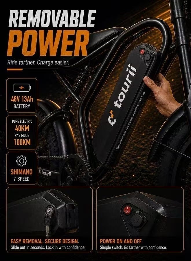 توري دراجة Tourii K20 الكهربائية بإطارات عريضة (Fat Tire) - محرك 750 واط، بطارية قابلة للإزالة 48 فولت 13 أمبير-ساعة، إطارات 20×4.0 مناسبة لجميع التضاريس والطرق الوعرة، نظام تروس Shimano بـ 7 سرعات، مكابح قرصية مزدوجة، تشغيل بتقنية NFC، ثلاثة أوضاع للقيادة، وقابلية للطي السريع؛ مثالية للجبال والشواطئ والتنقل داخل المدينة. - Image 3