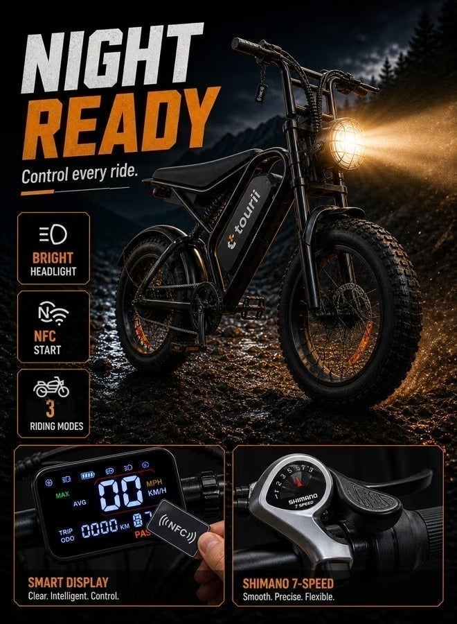 توري دراجة Tourii K20 الكهربائية بإطارات عريضة (Fat Tire) - محرك 750 واط، بطارية قابلة للإزالة 48 فولت 13 أمبير-ساعة، إطارات 20×4.0 مناسبة لجميع التضاريس والطرق الوعرة، نظام تروس Shimano بـ 7 سرعات، مكابح قرصية مزدوجة، تشغيل بتقنية NFC، ثلاثة أوضاع للقيادة، وقابلية للطي السريع؛ مثالية للجبال والشواطئ والتنقل داخل المدينة. - Image 2