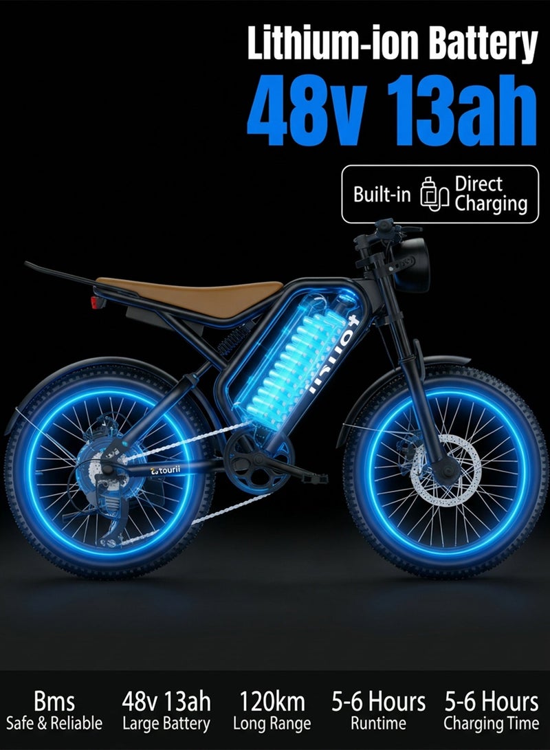 توري دراجة Tourii K20 الكهربائية بإطارات عريضة (Fat Tire) - محرك 750 واط، بطارية قابلة للإزالة 48 فولت 13 أمبير-ساعة، إطارات 20×4.0 مناسبة لجميع التضاريس والطرق الوعرة، نظام تروس Shimano بـ 7 سرعات، مكابح قرصية مزدوجة، تشغيل بتقنية NFC، ثلاثة أوضاع للقيادة، وقابلية للطي السريع؛ مثالية للجبال والشواطئ والتنقل داخل المدينة. - Image 5