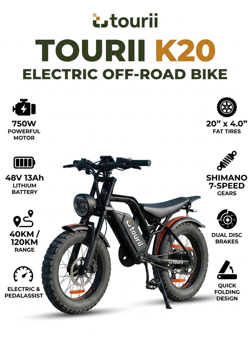 توري دراجة Tourii K20 الكهربائية بإطارات عريضة (Fat Tire) - محرك 750 واط، بطارية قابلة للإزالة 48 فولت 13 أمبير-ساعة، إطارات 20×4.0 مناسبة لجميع التضاريس والطرق الوعرة، نظام تروس Shimano بـ 7 سرعات، مكابح قرصية مزدوجة، تشغيل بتقنية NFC، ثلاثة أوضاع للقيادة، وقابلية للطي السريع؛ مثالية للجبال والشواطئ والتنقل داخل المدينة. - Image 1