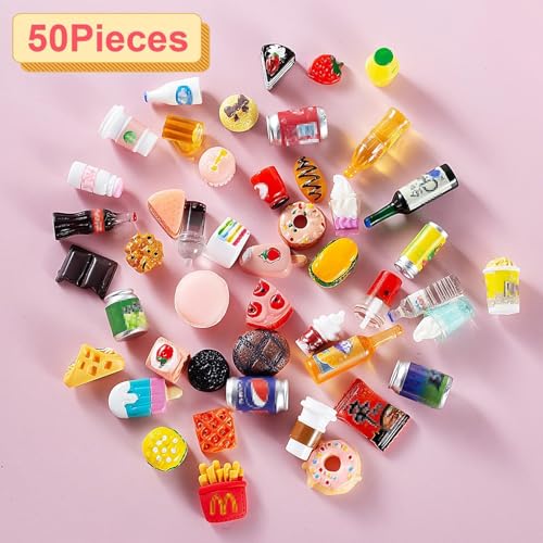 HSJH 50 قطعة زجاجات مشروبات طعام مصغرة علب صودا للعب التظاهر ألعاب مطبخ ملحقات حفلات دمى هامبرغر كعكة آيس كريم لبيت دمى 1/12 (25 طعام + 25 شراب) - Image 2