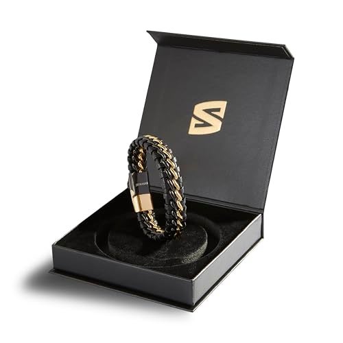 SERASAR Bracelets for Men 20cm Gold Gift Box Genuine Leather Cowhide Braided Adjust Able Magnetic Clasp Multi Layer Jewellery Rope Man Mans Male Mens Band Jewelry Accessories - Image 2