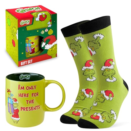 The Grinch Mug & Socks Gift Set for Women Men Teens, 11oz Tea Coffee Cup & Crew Socks US Size 7-11, Festive Holiday Christmas Secret Santa Gifts - Image 1