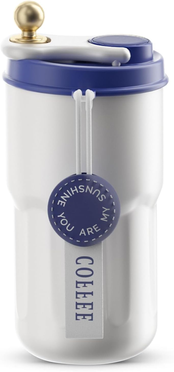 Wosta Coffee Mug with Ziplock Lid, Coffee Thermal Mug Coffee to Go, Double-Walled Vacuum Thermal Mug, Coffee, Stainless Steel Thermal Mug, Large (Without Temperature Display) (Blue), 420Ml - Image 1