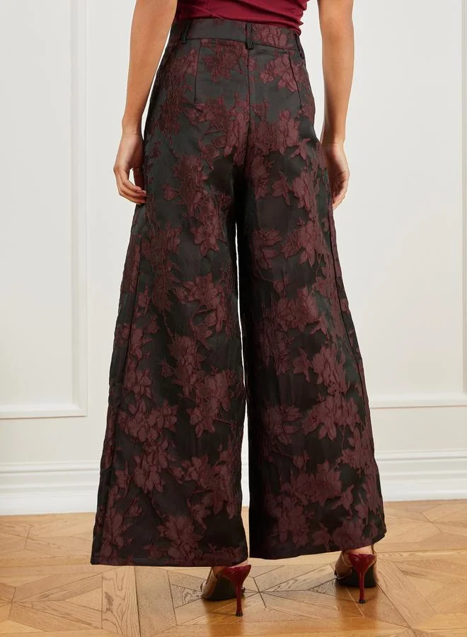 Styli Burgundy Jacquard Wide Leg Trousers