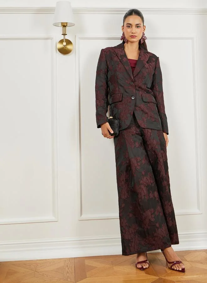 Styli Burgundy Jacquard Wide Leg Trousers