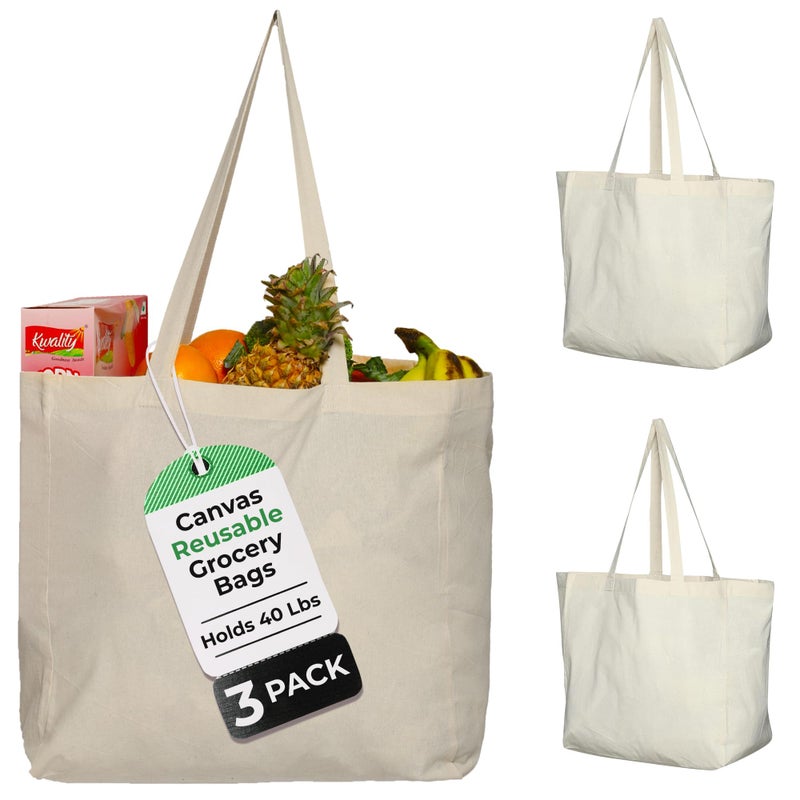 Greenmile 3 Pack Organic Cotton Canvas Grocery Bags Reusable Cloth Shopping Tote - Image 1