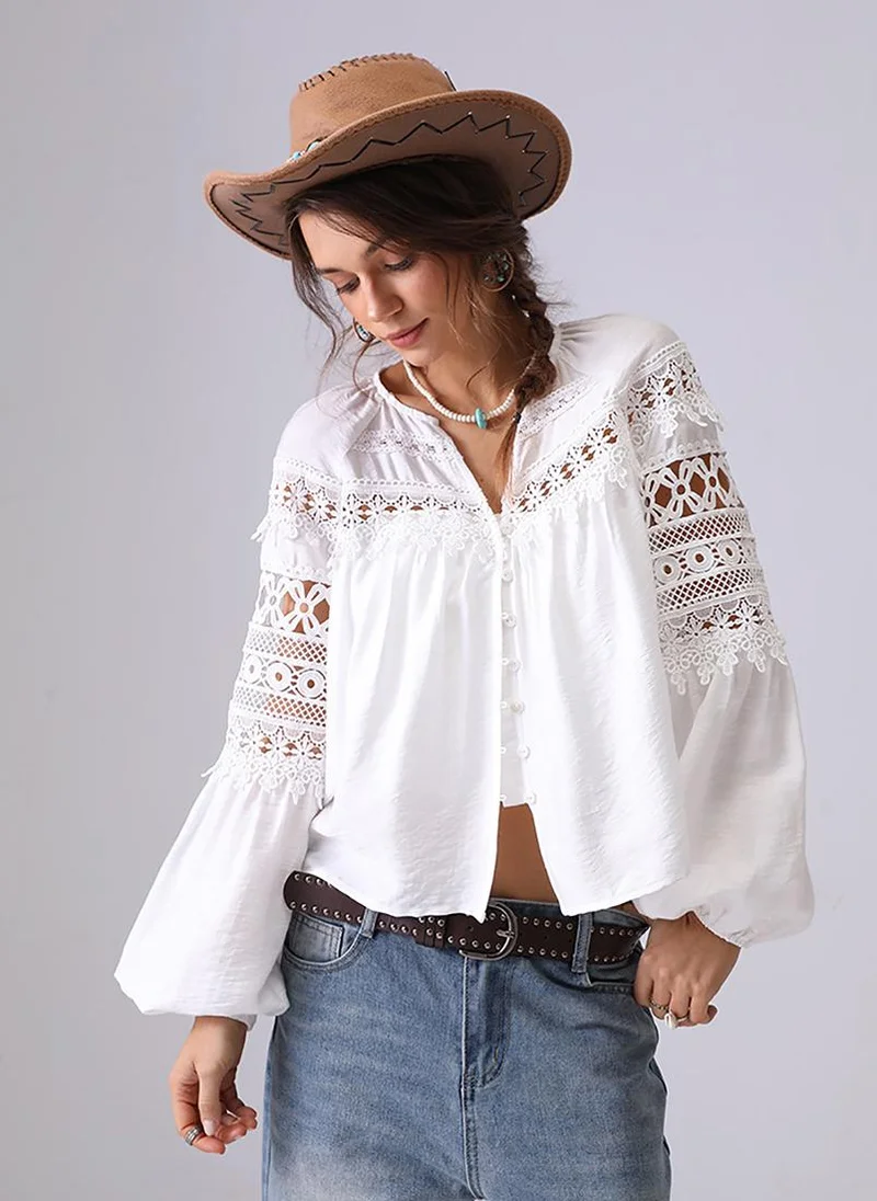 YUNIQEE White V-Neck Long Sleeves Shirt Style Top