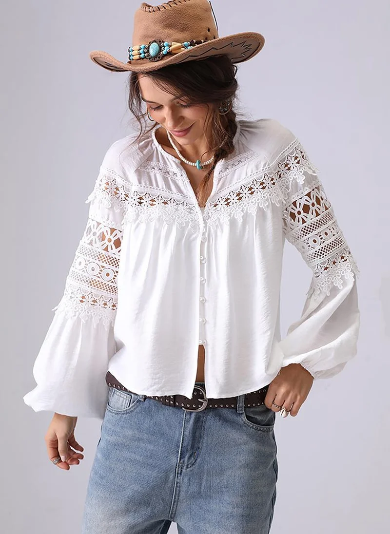 YUNIQEE White V-Neck Long Sleeves Shirt Style Top