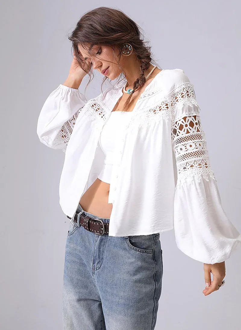 YUNIQEE White V-Neck Long Sleeves Shirt Style Top