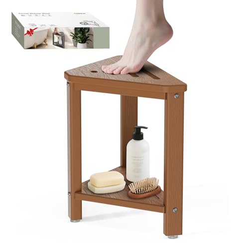 ONSGLM Teak Shower Foot Rest 15in, HDPE Waterproof Shower Stool for Inside Shower, Corner Shower Stool for Shaving Legs with Storage Shelf for Small Space, Shower Step Stool, Plastic Corner Shower Bench - Image 1