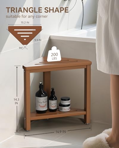 ONSGLM Teak Shower Foot Rest 15in, HDPE Waterproof Shower Stool for Inside Shower, Corner Shower Stool for Shaving Legs with Storage Shelf for Small Space, Shower Step Stool, Plastic Corner Shower Bench - Image 3