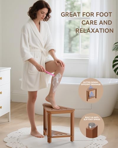 ONSGLM Teak Shower Foot Rest 15in, HDPE Waterproof Shower Stool for Inside Shower, Corner Shower Stool for Shaving Legs with Storage Shelf for Small Space, Shower Step Stool, Plastic Corner Shower Bench - Image 2