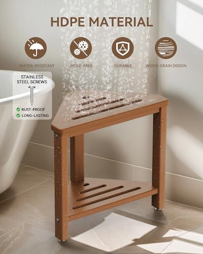 ONSGLM Teak Shower Foot Rest 15in, HDPE Waterproof Shower Stool for Inside Shower, Corner Shower Stool for Shaving Legs with Storage Shelf for Small Space, Shower Step Stool, Plastic Corner Shower Bench - Image 4