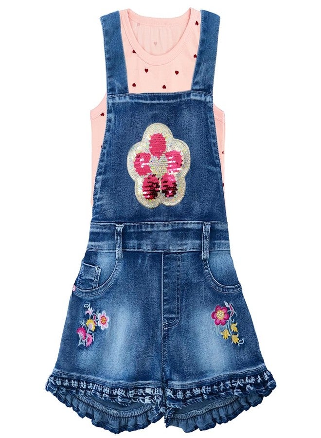 Peacolate Summer Little&Big Girls 2pcs Clothing Sets Sleeveless T-Shirt and Denim Suspenders Shorts(Flower,6Years) - Image 1