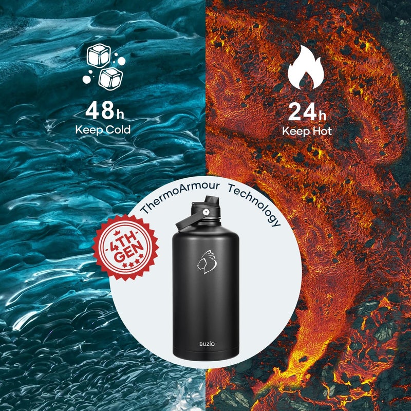 BUZIO 1 Gallon Water Jug with Straw Handle Lid, 128oz Water Bottle Stainless Steel Double Wall Hydro Jug 18/8 Food Grade Thermo Mug Keep Cold 48H & Hot 24H, Black - Image 2