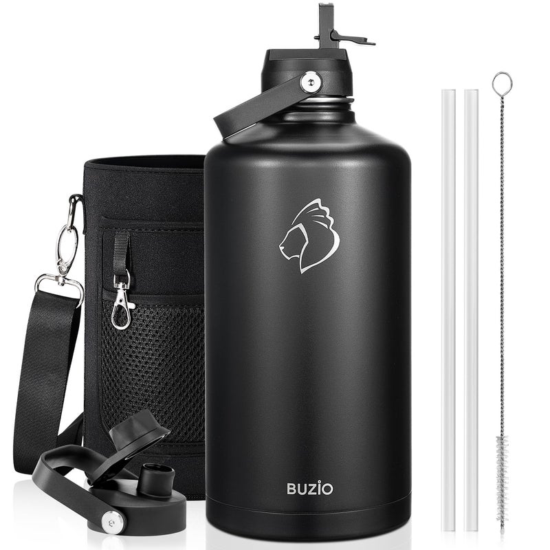 BUZIO 1 Gallon Water Jug with Straw Handle Lid, 128oz Water Bottle Stainless Steel Double Wall Hydro Jug 18/8 Food Grade Thermo Mug Keep Cold 48H & Hot 24H, Black - Image 1