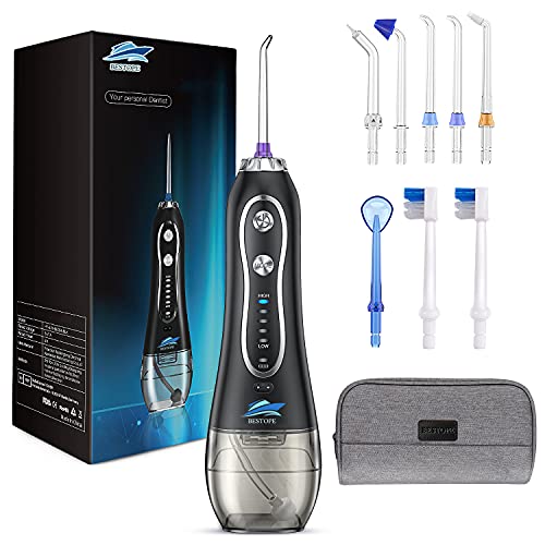 BESTOPE Rechargeable Dental Flosser Oral Irrigator with 300ml Water Tank | 5 Modes | 8 Replaceable Jet Tips |IPX7 Waterproof (Black) - Image 1