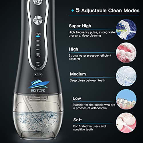 BESTOPE Rechargeable Dental Flosser Oral Irrigator with 300ml Water Tank | 5 Modes | 8 Replaceable Jet Tips |IPX7 Waterproof (Black) - Image 3
