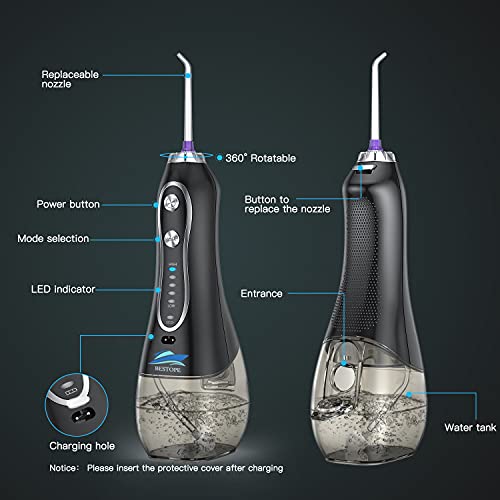 BESTOPE Rechargeable Dental Flosser Oral Irrigator with 300ml Water Tank | 5 Modes | 8 Replaceable Jet Tips |IPX7 Waterproof (Black) - Image 5