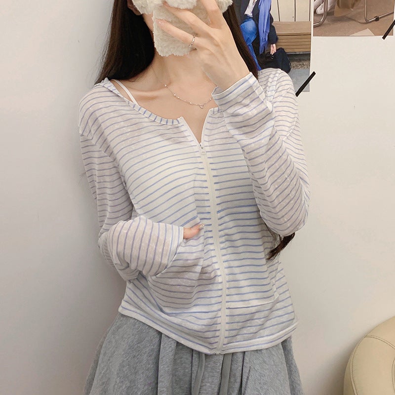 Lyocell Color-Block Striped Hooded Long-Sleeve Jacket, Lightweight Sun-Protective Women's Zip-Up Cardigan