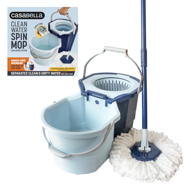 Casabella Clean Water Microfiber Spin Mop with 2-Bucket System, Antibacterial Spin Mop and Mopping Bucket Set, Blue/White - Image 1
