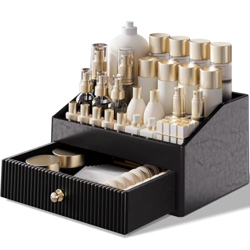 LADSTAG Vanity OrganizerLeather Skin Organizers with 1 DrawerTrayLarge Capacity Black Vanity Organizers and Storage for LipstickBedroomBathroomMothers Day GiftsGift for Women - Image 1